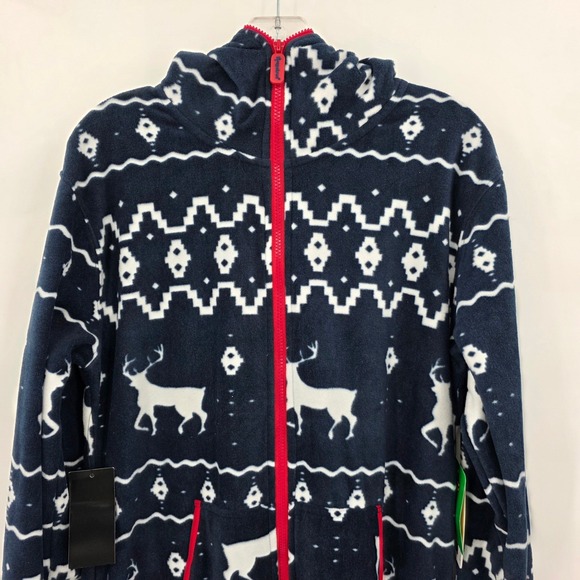 TIPSY ELVES Blue Reindeer Fleece Hooded One Piece Jumpsuit Pajamas Men's L NWT - Picture 3 of 10